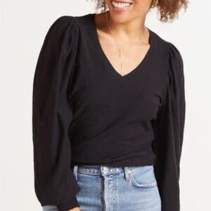 National LTD Emilia Long Sleeve V Neck Top M Black Puffed Sleeves Pima Cotton